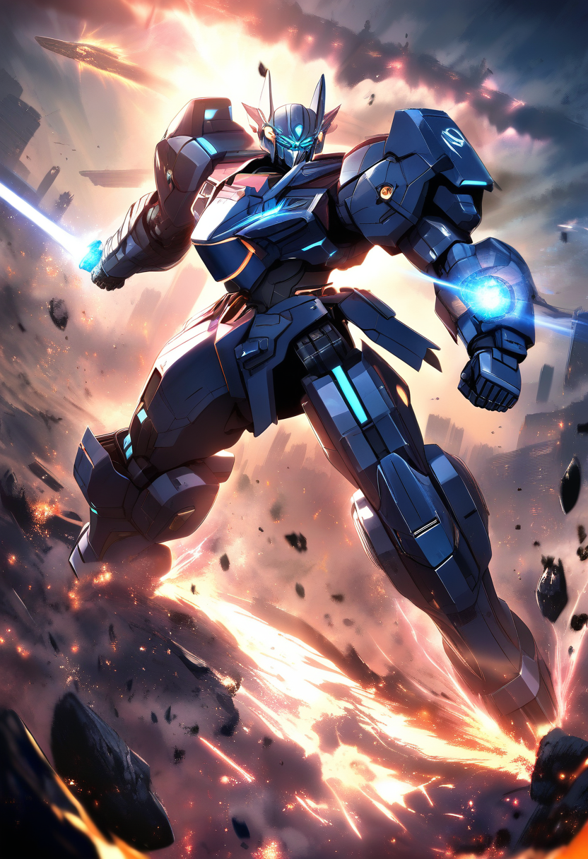 A colossal mecha battle in a ruined city, energy beams clashing, debris floating, intense dramatic lighting