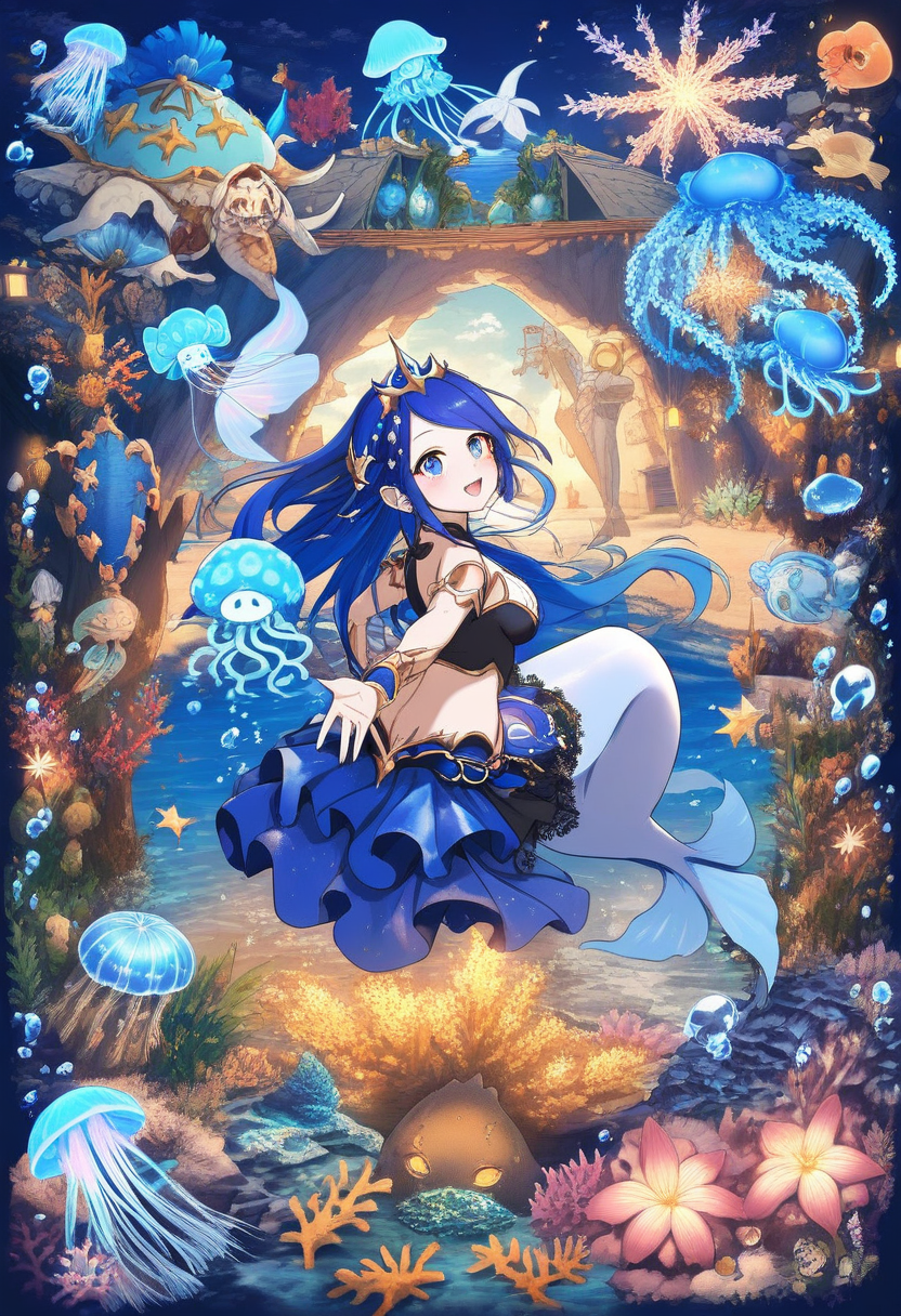 An underwater kingdom with coral castles, a mermaid princess swimming with luminescent jellyfish, deep ocean blue