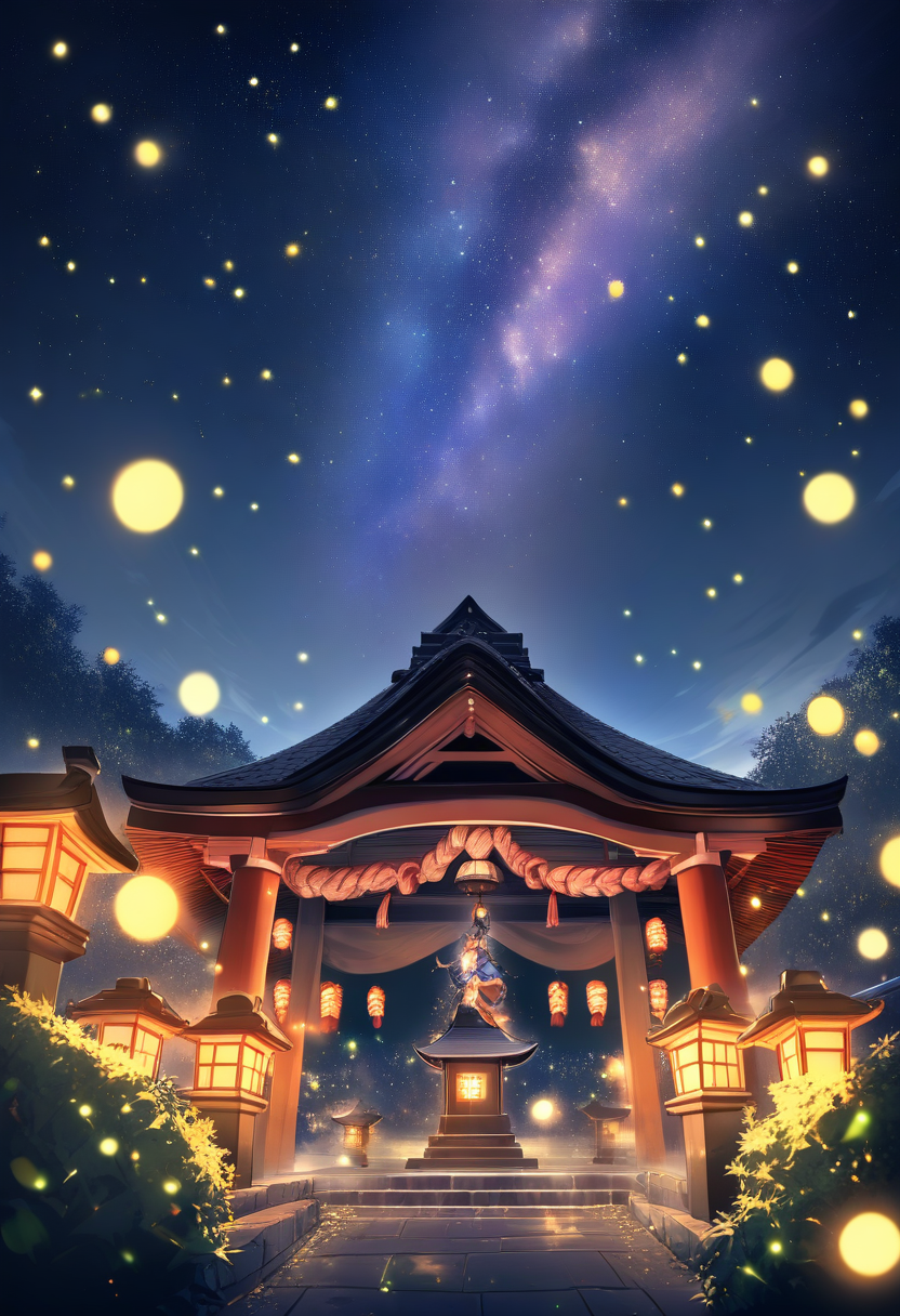 A tranquil Shinto shrine under a canopy of stars, stone lanterns glowing warmly, fireflies dancing in the night