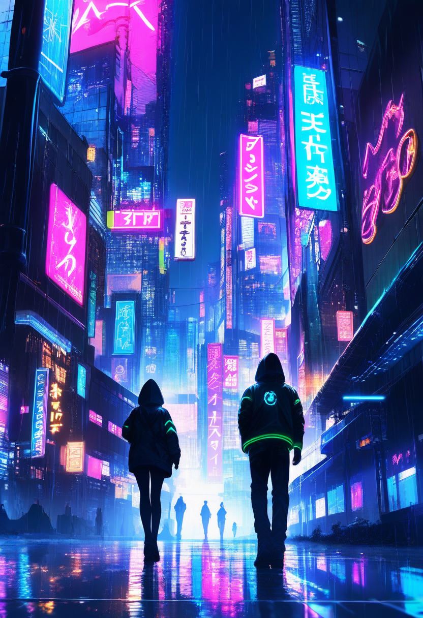A cyberpunk city at night, neon signs reflecting on rain-soaked streets, a hooded figure walking under holographic billboards