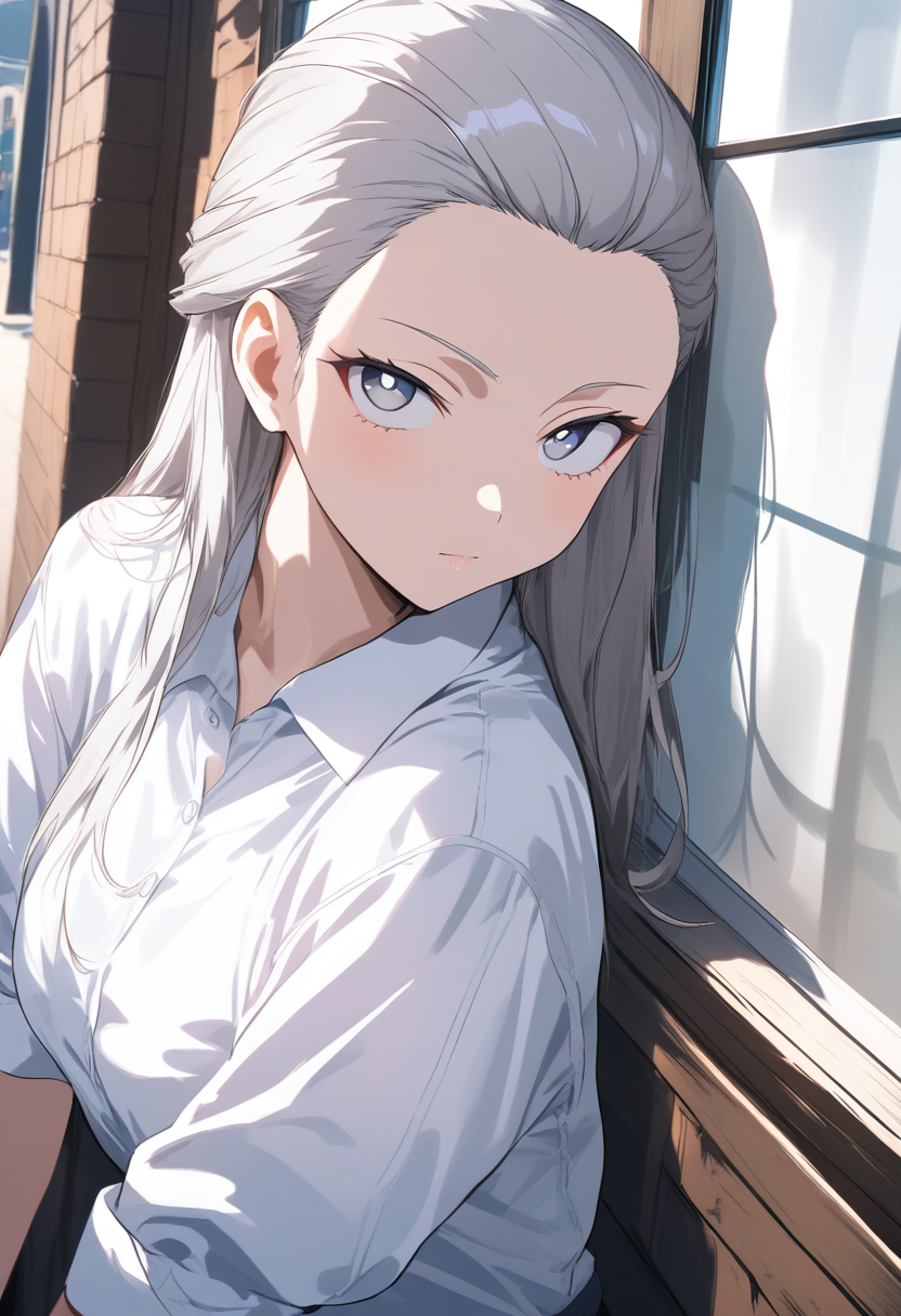 Cool senpai with silver hair swept back, calm half-lidded eyes, white button-up shirt with rolled sleeves, leaning against a window