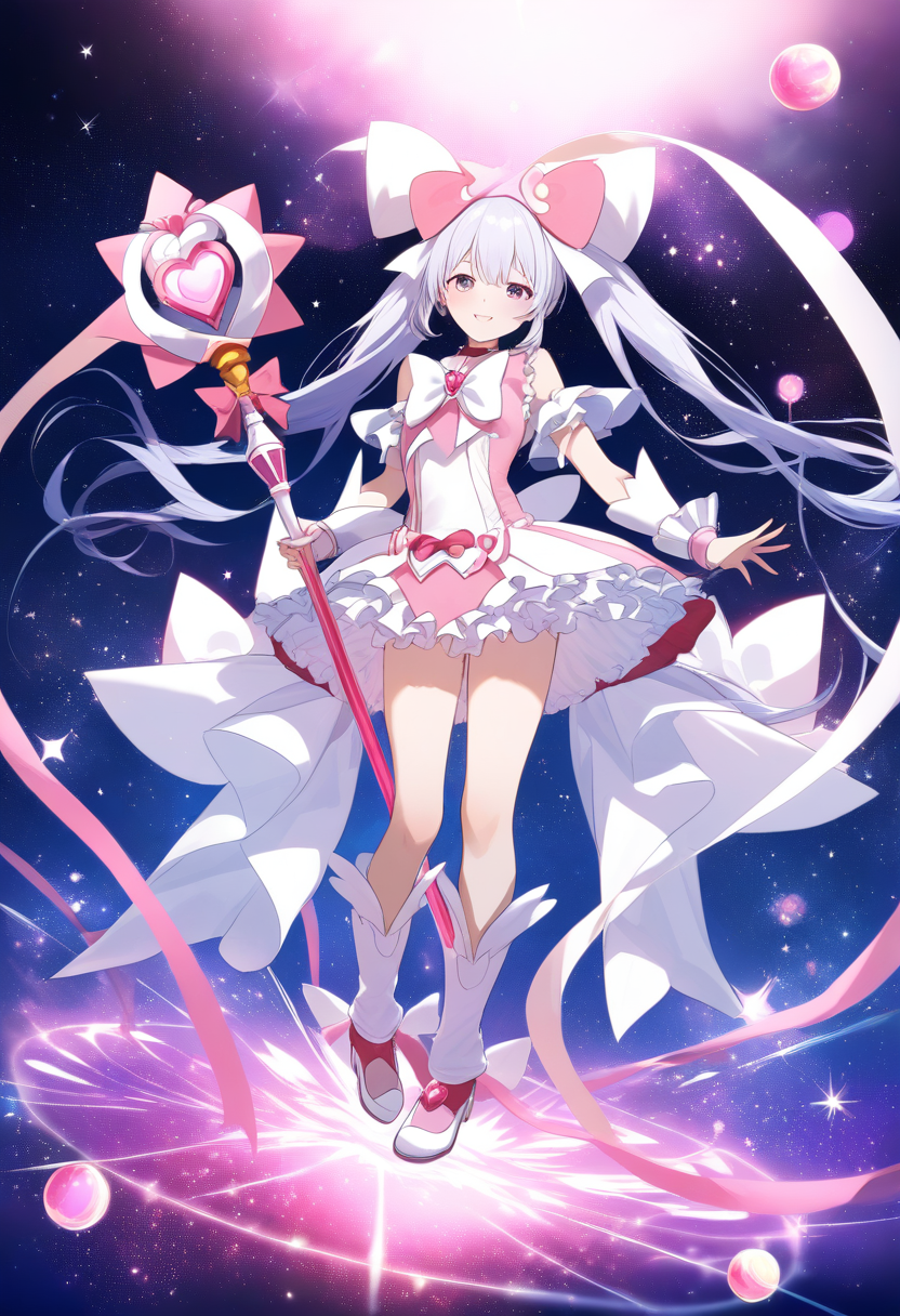 Magical girl in a frilly pink and white transformation outfit, glowing staff, ribbons flowing, starry cosmic background