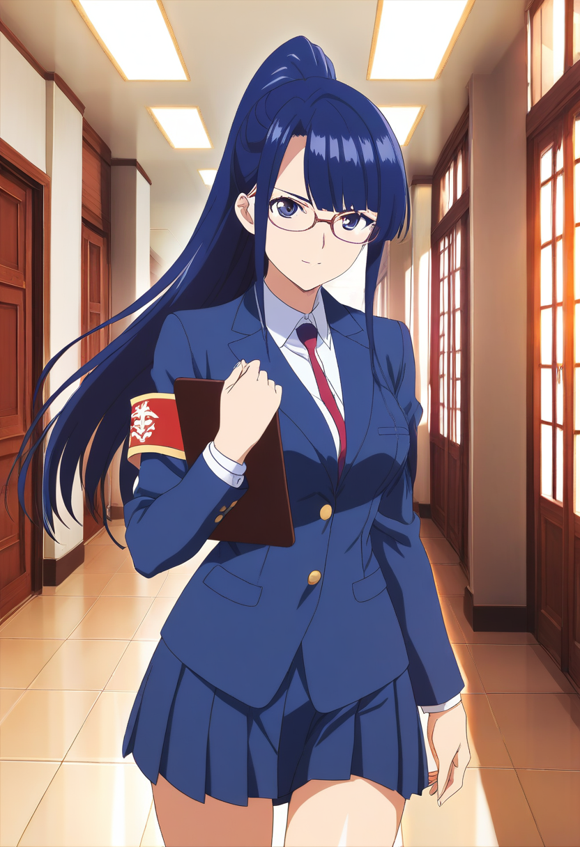 Elegant student council president with glasses, long dark hair in a ponytail, crisp uniform, holding a clipboard, commanding presence