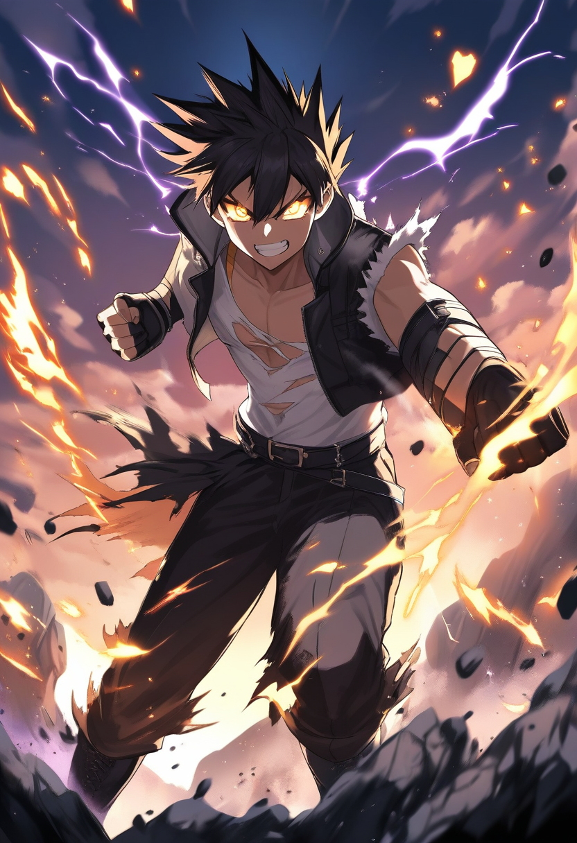 A determined shounen protagonist with spiky black hair, fierce glowing eyes, battle-torn clothing, powering up with crackling energy aura, rocky arena