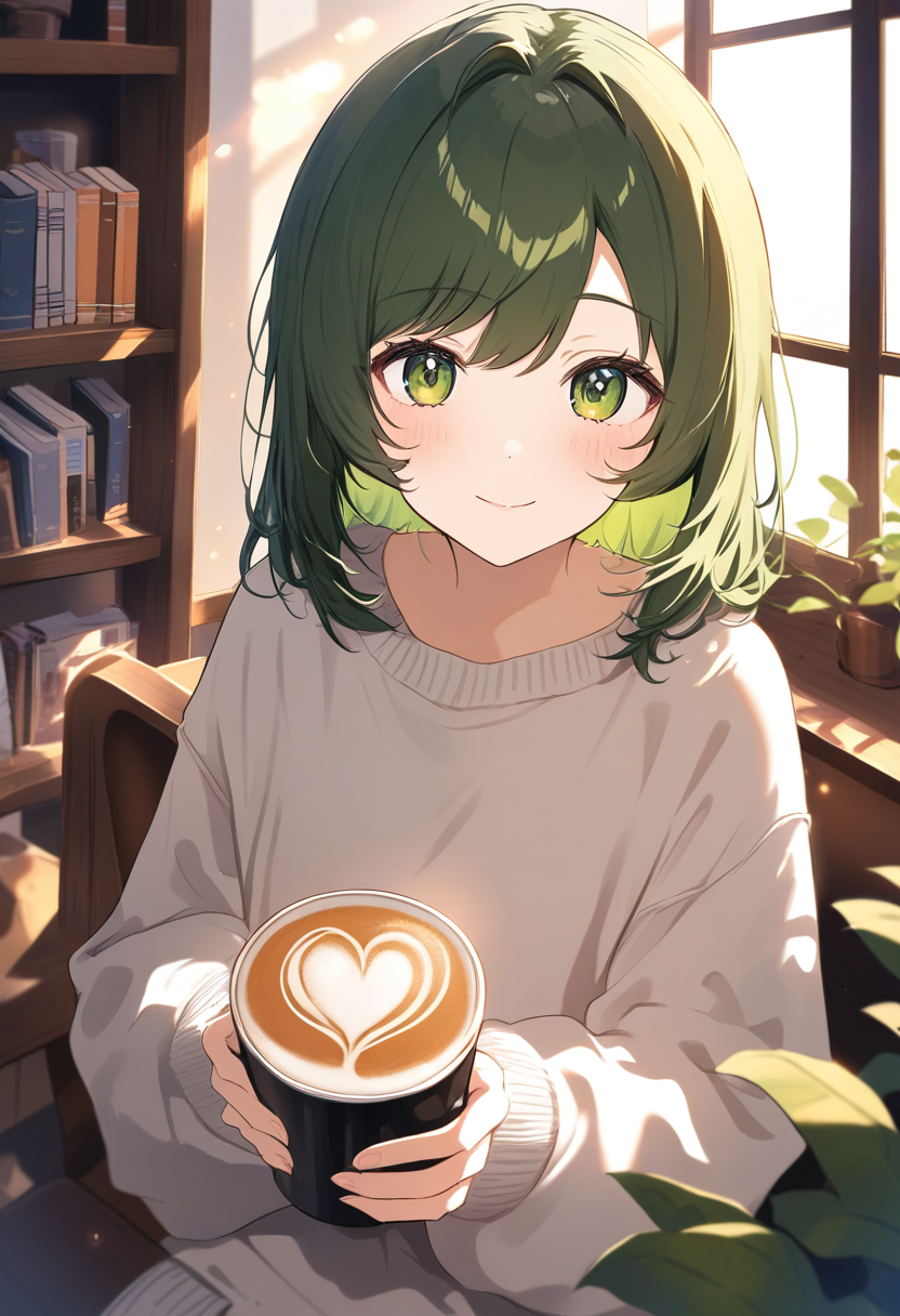 A cozy slice-of-life anime girl in a cafe, oversized sweater, holding a latte with latte art, warm afternoon light through the window, bookshelves behind