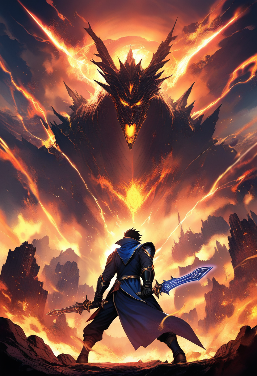 A fantasy adventure anime hero with a magical cape, dual-wielding enchanted daggers, standing before a massive dragon in a volcanic cavern, epic lighting