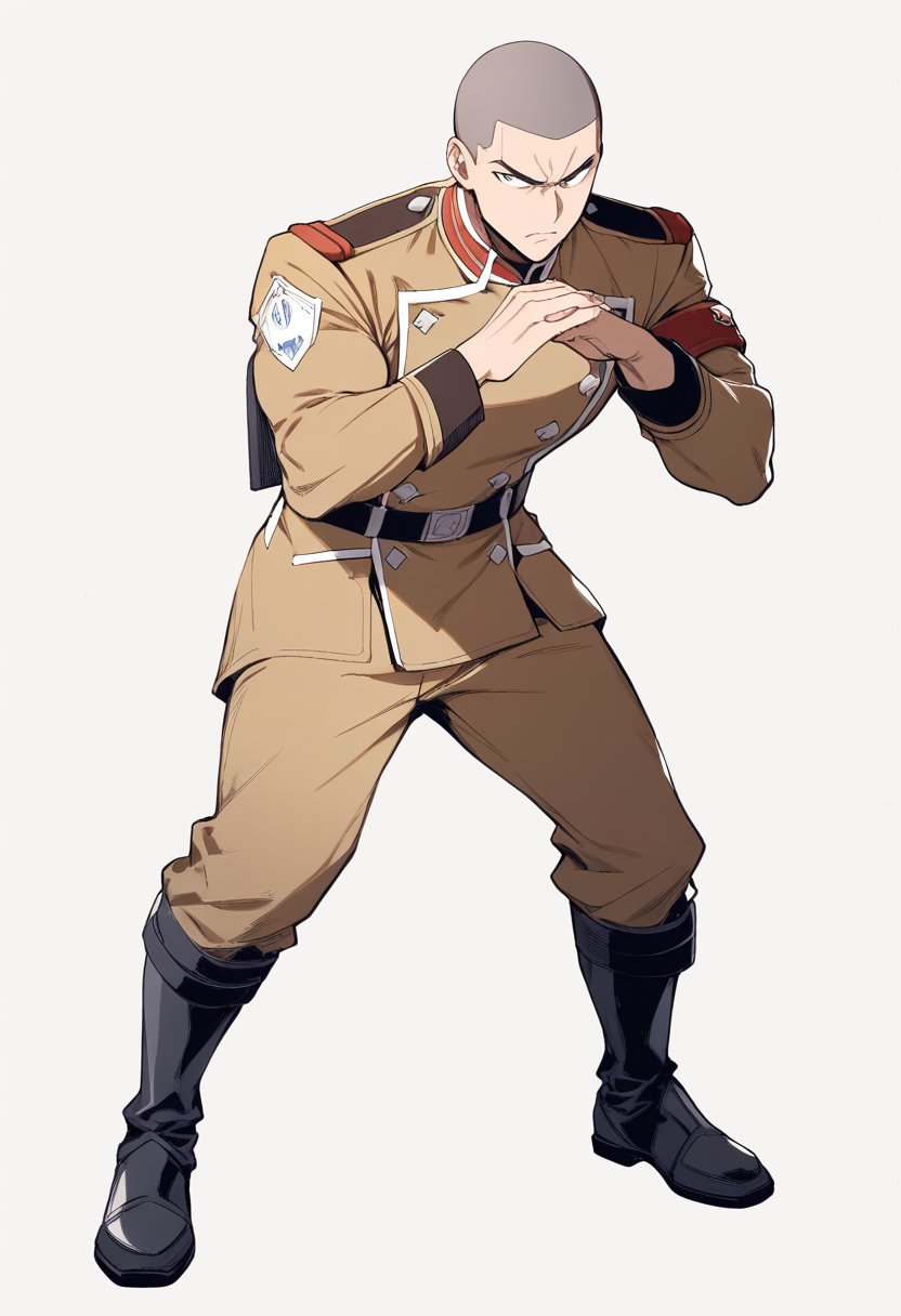 A Garrison regiment soldier in brown jacket with ODM gear, tall muscular build with buzz cut hair, standing guard