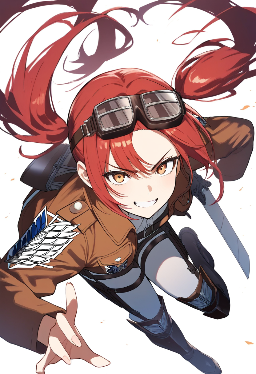 A Survey Corps soldier with twin tails red hair and goggles, ODM gear mid-flight spinning attack, determined grin