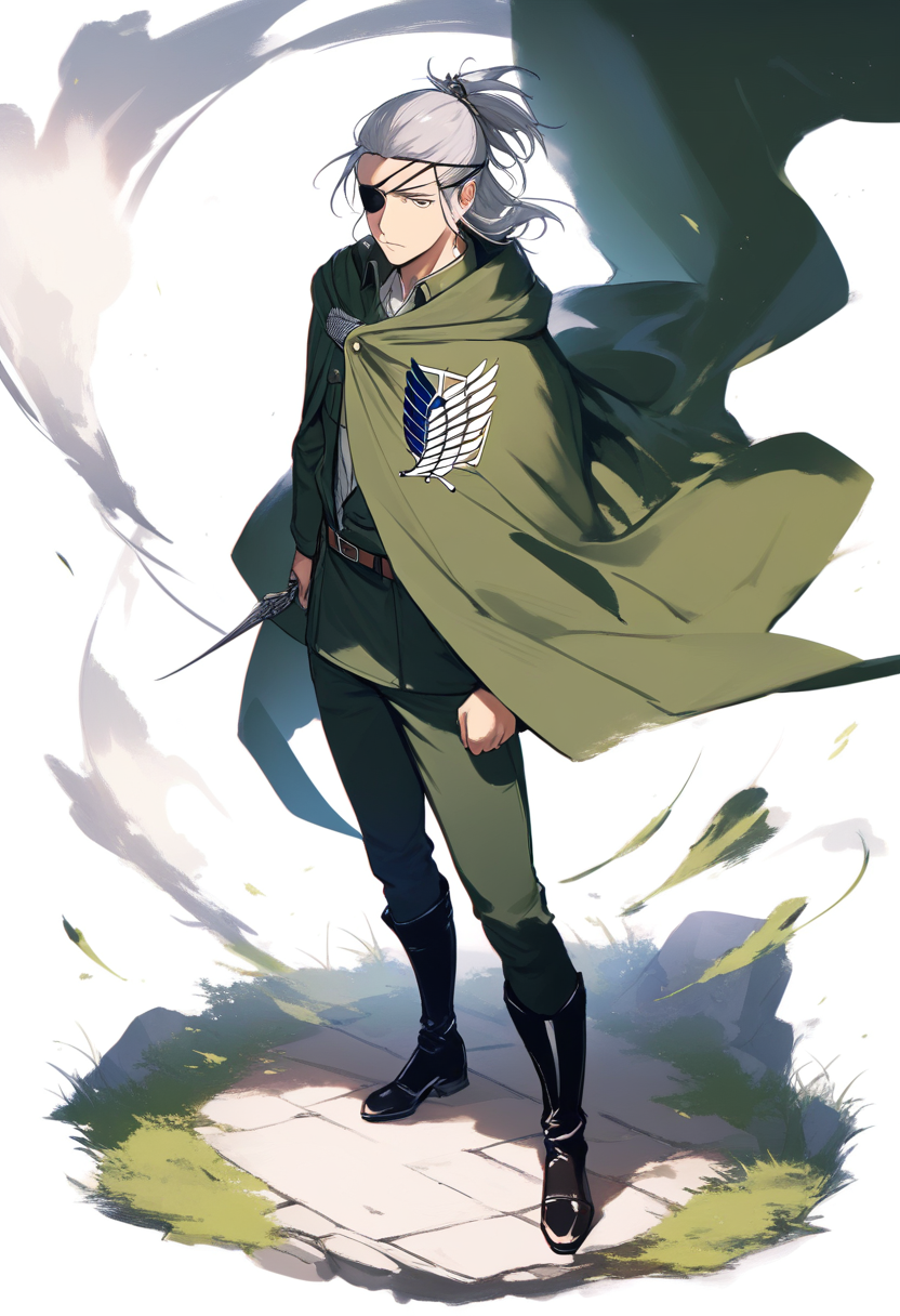 A Survey Corps veteran in weathered green cloak with single blade raised, eyepatch, long grey hair tied back, calm expression