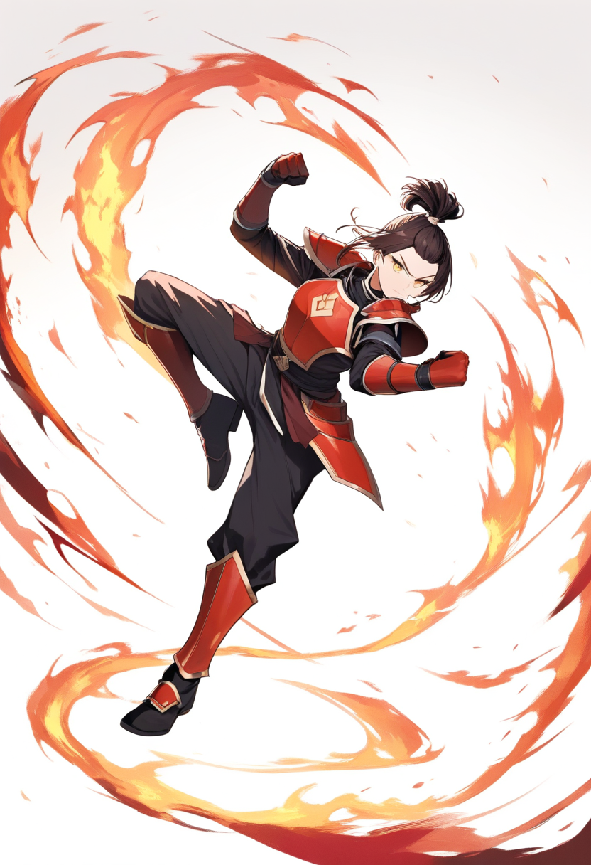 A firebender in red Fire Nation armor with flames erupting from fists, topknot hairstyle and golden eyes, aggressive stance
