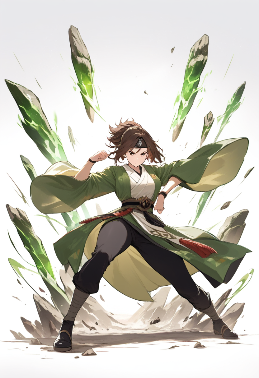An earthbender in green Earth Kingdom robes with rocks floating around her, short brown hair and headband, stomping pose