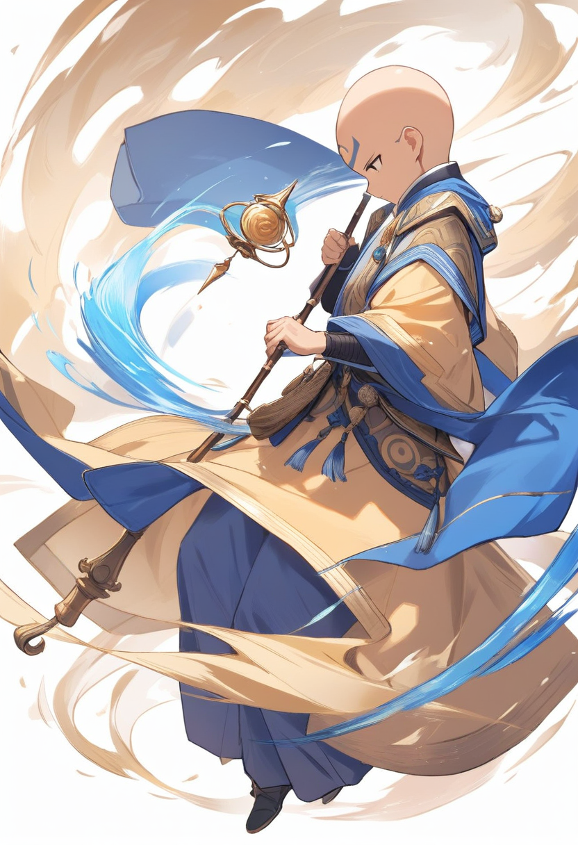 An airbender in orange and yellow Air Nomad robes with blue arrow tattoos, staff in hand, floating with wind swirling