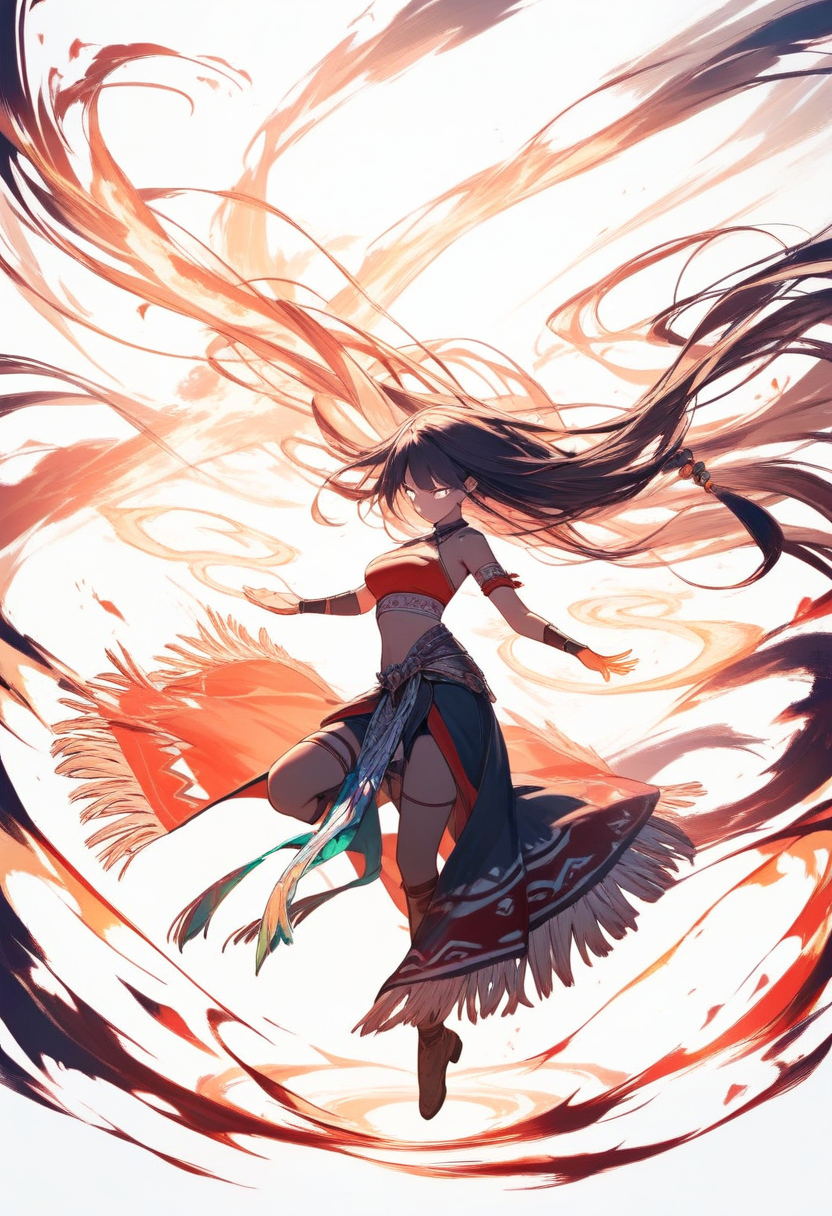 An Avatar in the Avatar State with glowing white eyes, all four elements swirling, tribal outfit with mixed nation colors