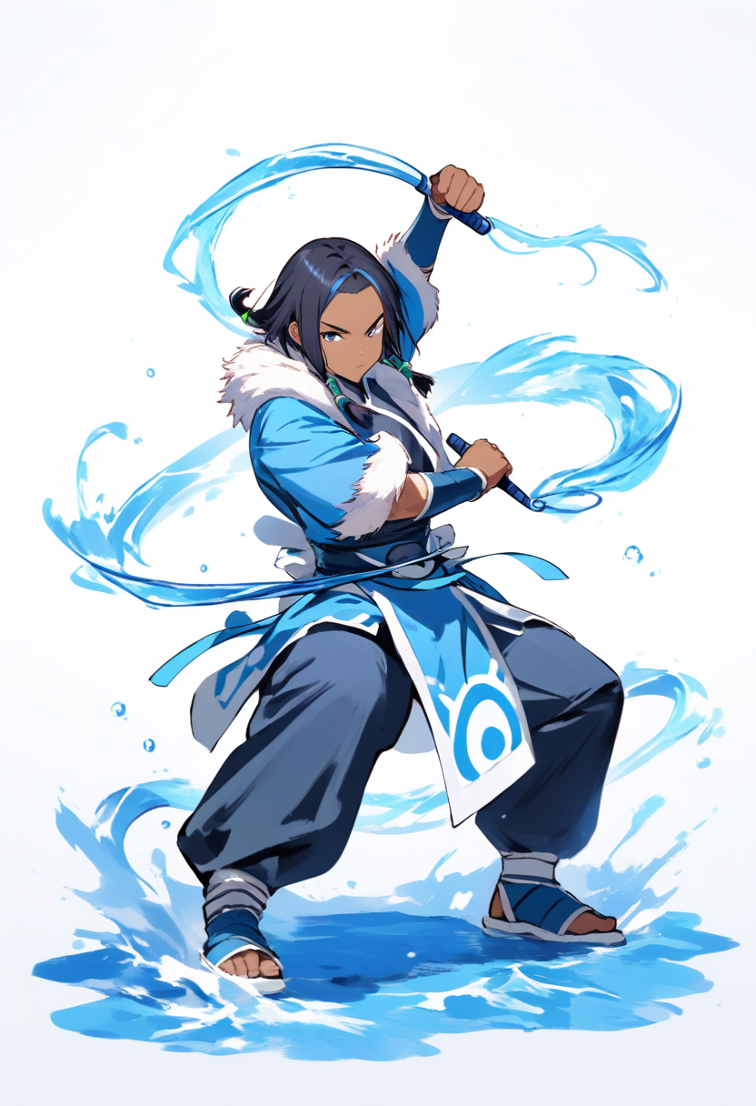 A Water Tribe warrior in blue fur-lined parka with boomerang and club, wolf tail hairstyle and face paint