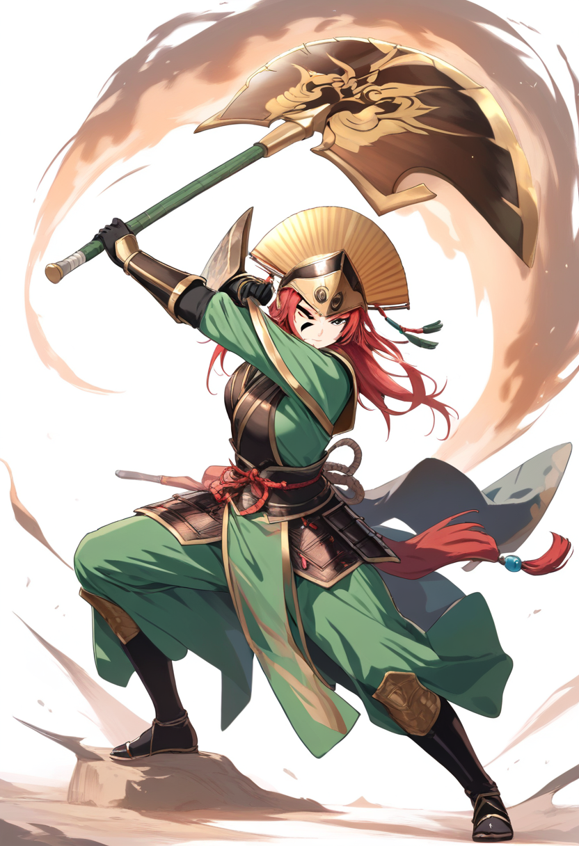 A Kyoshi Warrior in green kimono armor with white and red face paint, wielding golden fans in combat stance