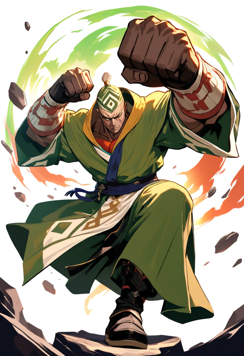 A metalbender in grey metal armor with cables wrapped around arms, Earth Kingdom style, mohawk hairstyle and scarred face