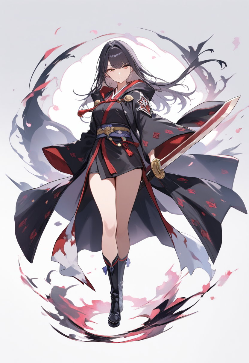 A female shinigami with long black hair, elegant zanpakuto sword, soul reaper lieutenant badge in a confident pose
