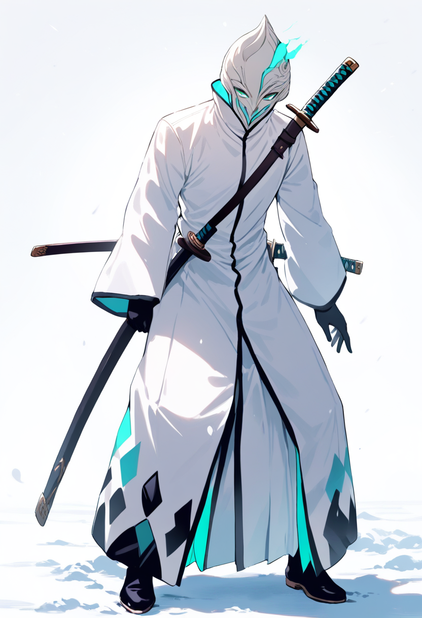 An arrancar with white uniform, hollow mask fragment on head, teal markings, green eyes, katana in a cold standing pose