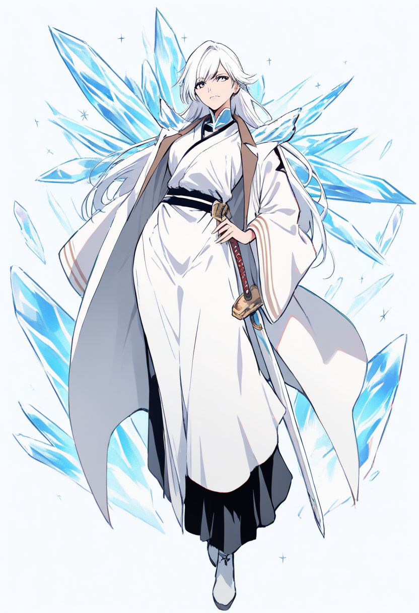 A quincy with white cape and blue cross, bow weapon, long silver hair, blue energy arrows in a battle ready pose