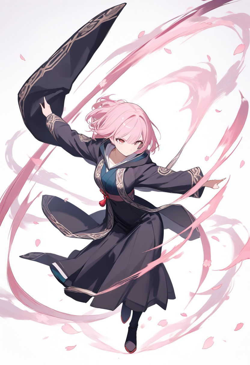 A female shinigami with short pink hair, shikai release zanpakuto, cherry blossom petals swirling in a graceful attack pose
