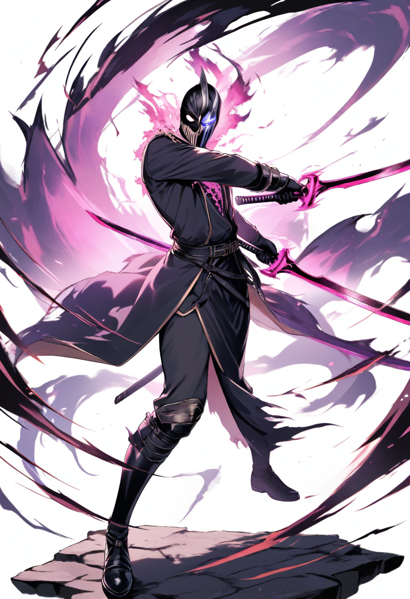 A vizard with hollow mask on face, torn shinigami robes, dual wielding swords, dark reiatsu aura in an aggressive stance