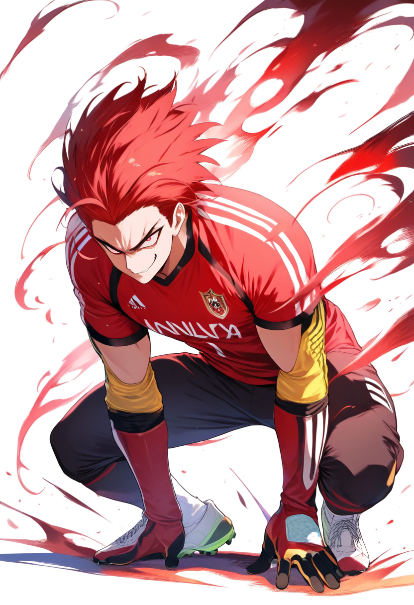 A tall goalkeeper in a red jersey with gloves, crouching ready pose, short red hair and confident smirk