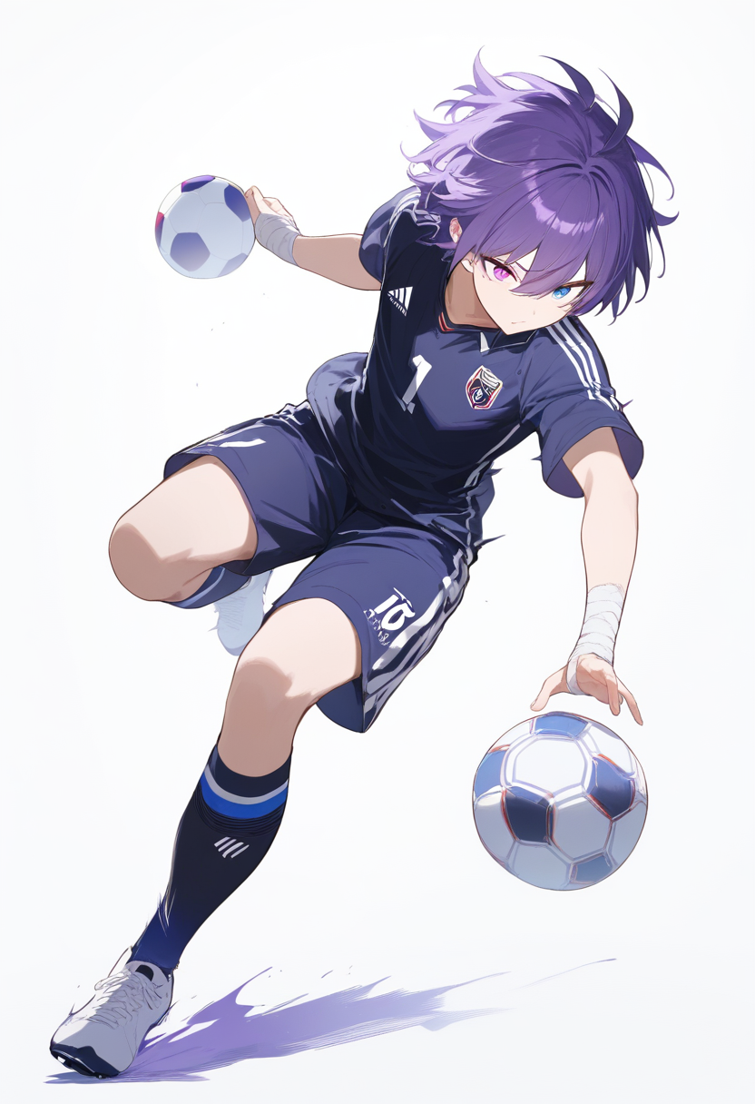 An agile midfielder in a black jersey dribbling, messy purple hair with heterochromia eyes and bandaged wrists