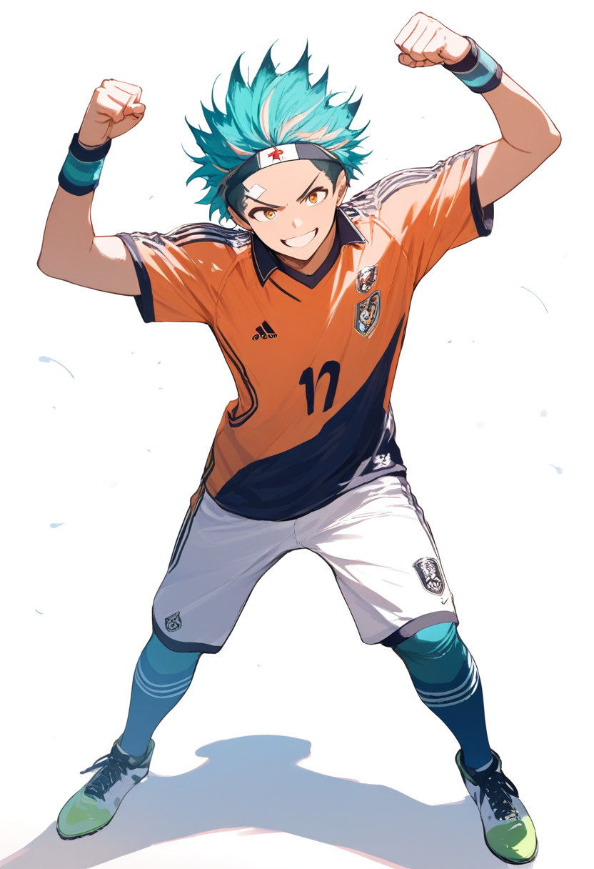 An energetic player in orange jersey celebrating a goal with fist pump, spiky teal hair and bright smile