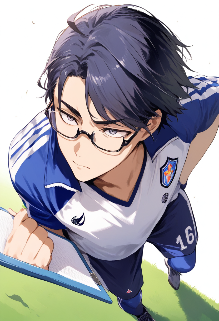 An analytical strategist in black tracksuit with clipboard, neat dark blue hair and glasses, stretching pose