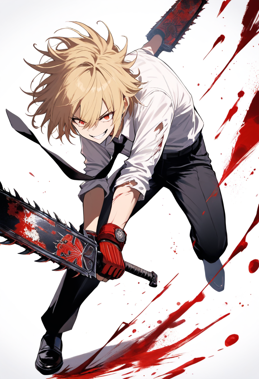 A devil hunter with chainsaw motif, torn white shirt, black tie, messy blonde hair, wild grin in an aggressive action pose