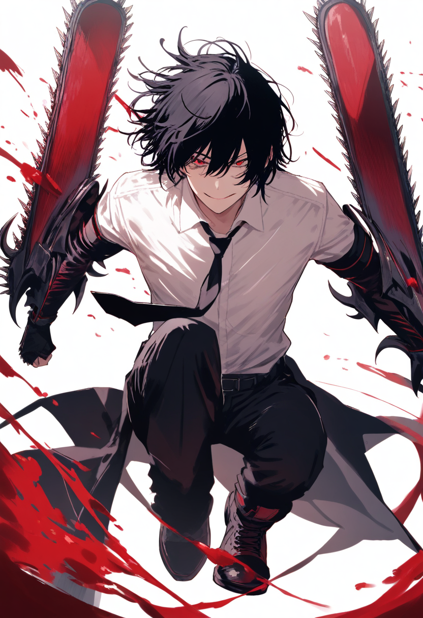 A public safety devil hunter in black suit, white shirt, katana, dark hair slicked back, cool confident pose