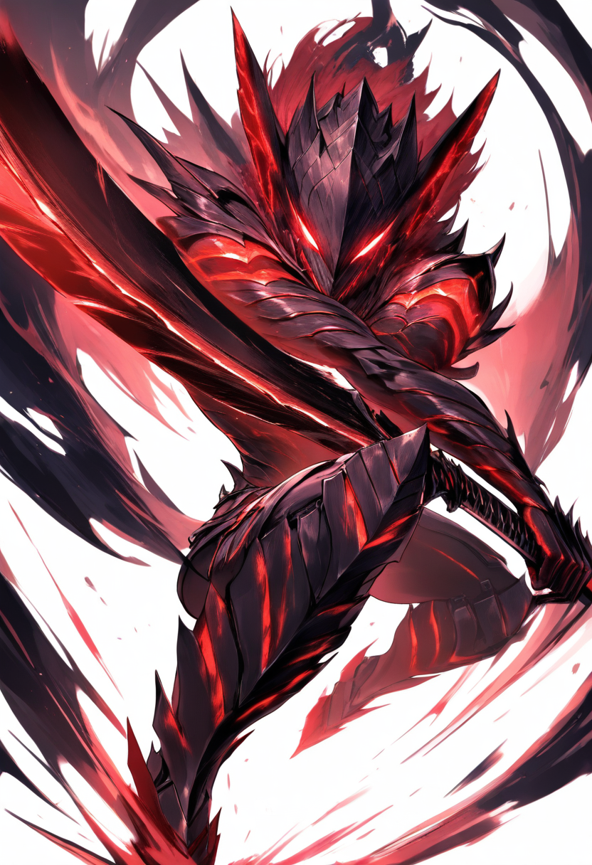 A hybrid devil in partial transformation, bladed arms, armored skin patches, glowing red eyes in a feral combat stance