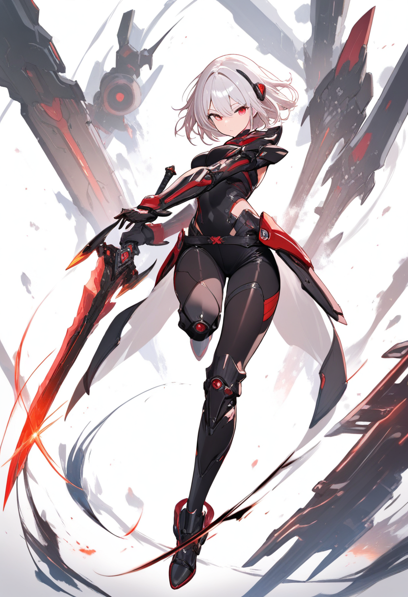 A weapon fiend with sword arms, mechanical devil features, short silver hair, red eyes, black combat outfit, dynamic slashing pose
