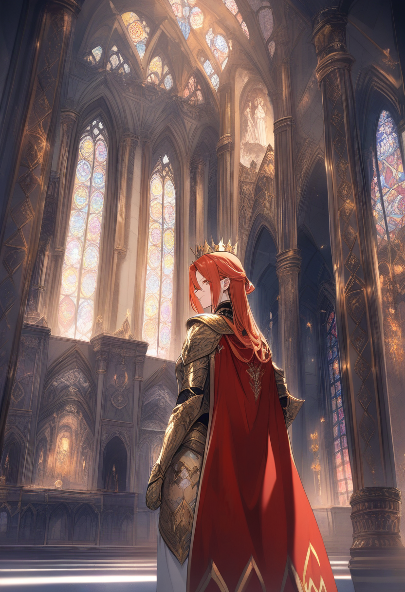 A regal prince with golden crown and flowing auburn hair, ornate white and gold royal armor, crimson cape, standing in a marble throne room with stained glass windows
