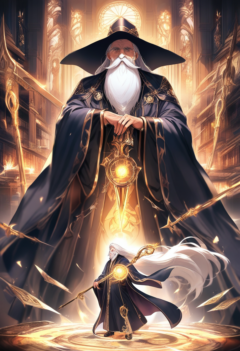 A wise elderly mentor with a long white beard, deep kind eyes, flowing robes covered in arcane symbols, holding a glowing staff in a mystical library