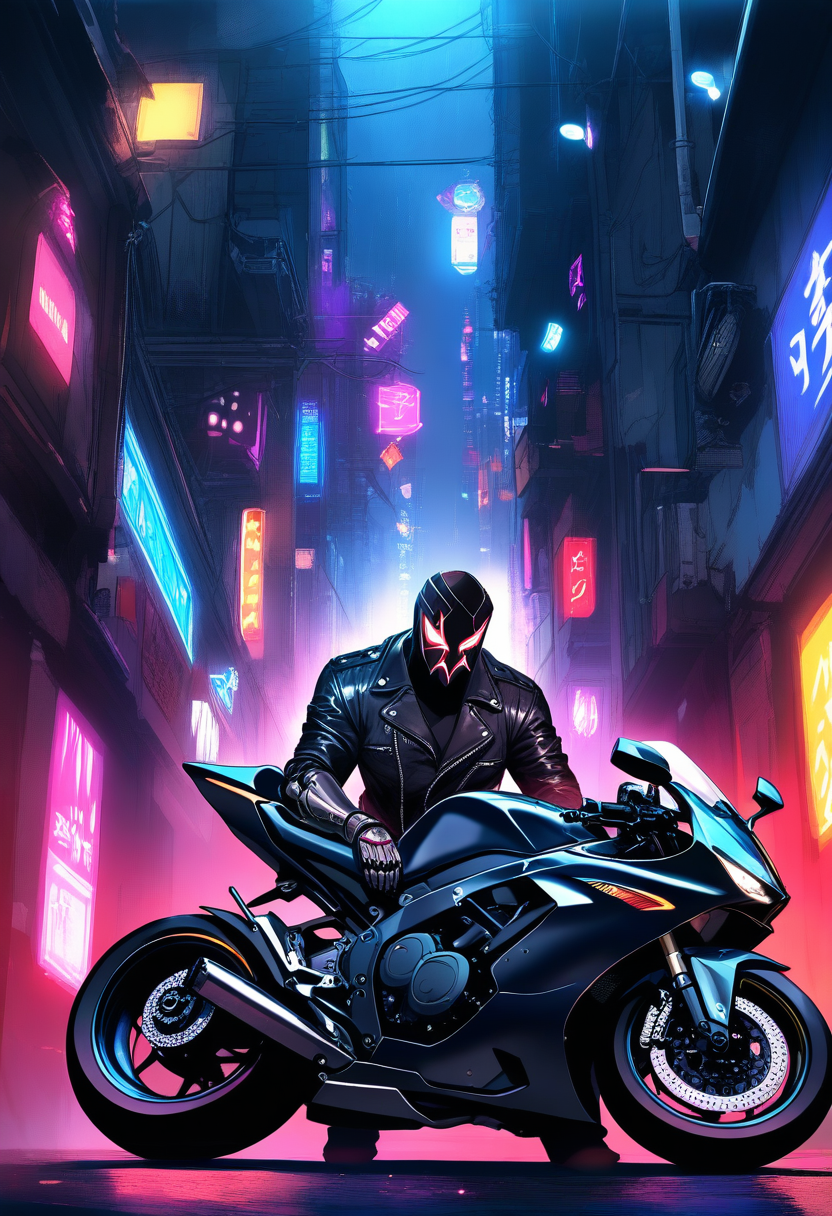 A brooding anti-hero with a scarred face, dark leather jacket, mechanical prosthetic arm, leaning against a motorcycle in a rain-soaked neon-lit alley
