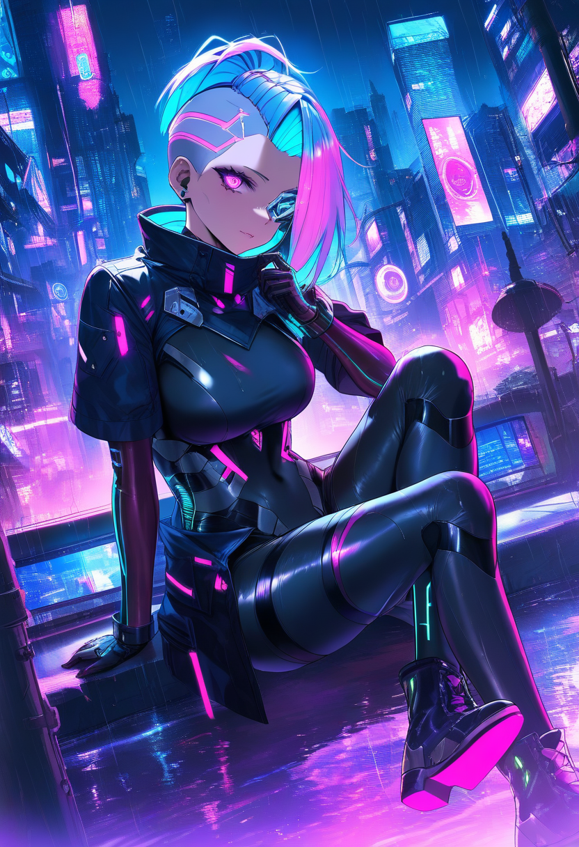 A cyberpunk hacker girl with neon-pink undercut hair, augmented cyber eye, holographic screens floating around her, dark techwear outfit, rainy neon cityscape