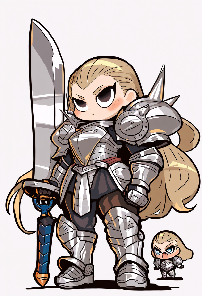 Chibi warrior girl in shiny silver armor, oversized sword resting on shoulder, determined expression, sparkly battlefield background