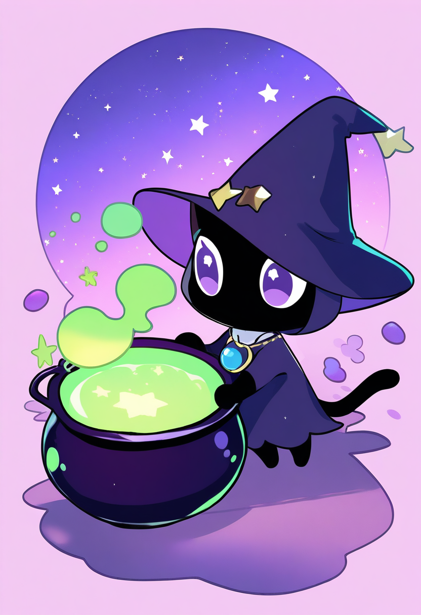 Adorable chibi witch with a huge pointy hat, holding a bubbling cauldron, black cat familiar, starry purple sky