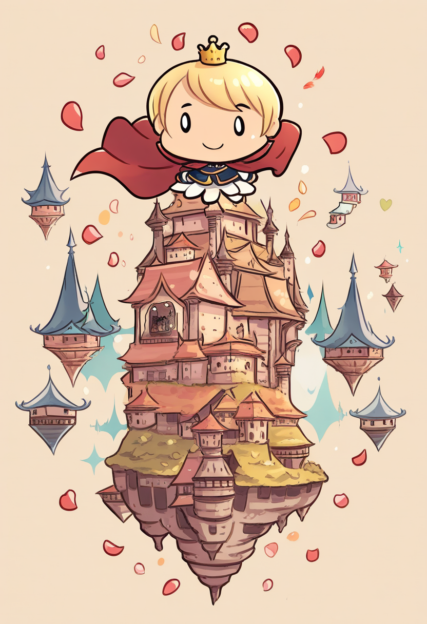 Chibi prince with a flowing royal cape, tiny golden crown, charming smile, rose petals floating around, castle background