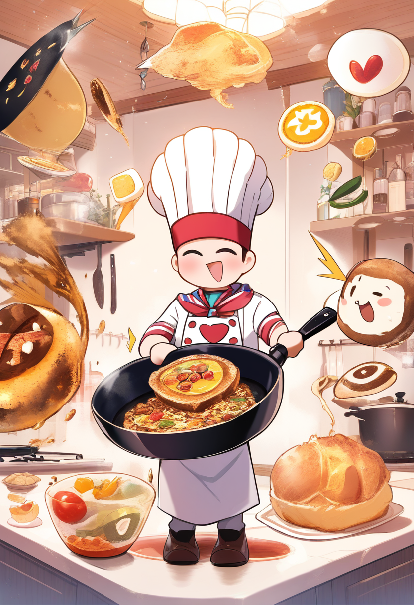 Chibi chef with a tall white hat, holding a comically large frying pan, cheerful expression, kitchen filled with floating ingredients