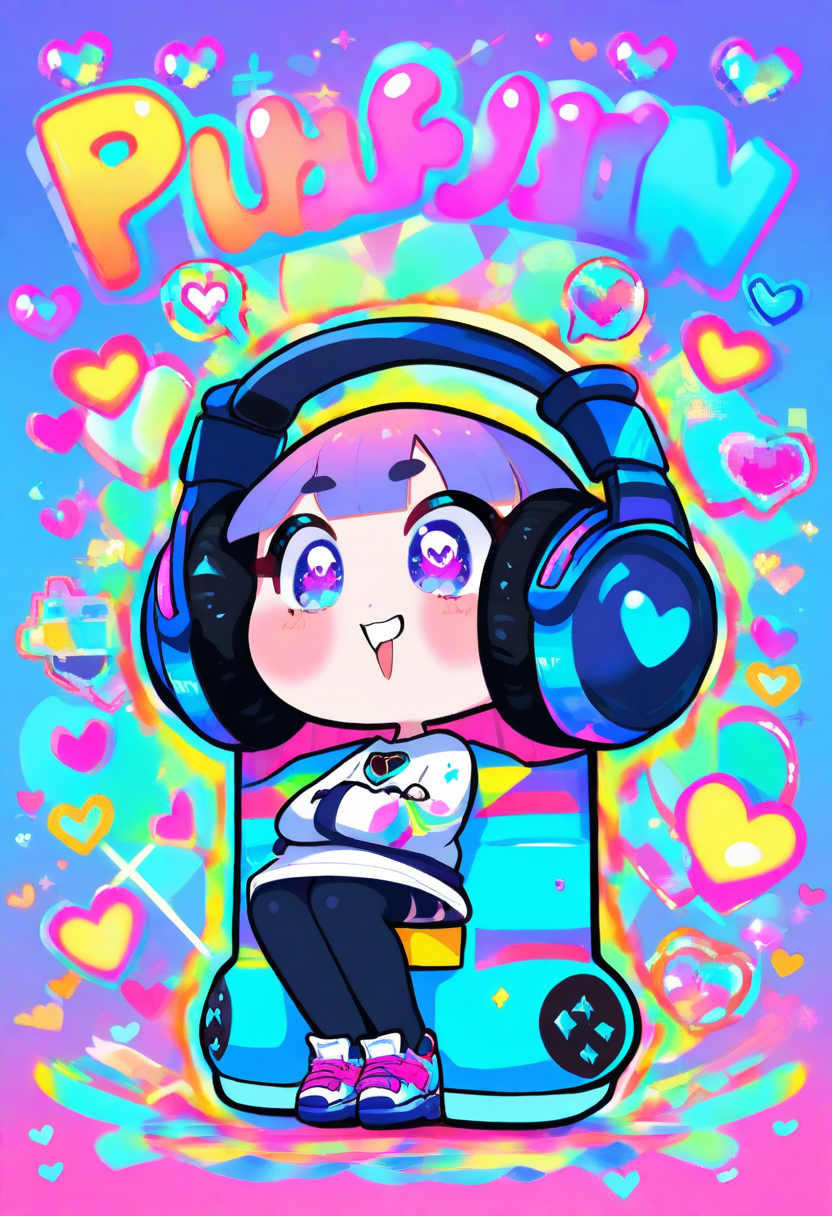 Chibi gamer girl with headphones, oversized gaming controller, glowing screen reflected in eyes, neon pixel background
