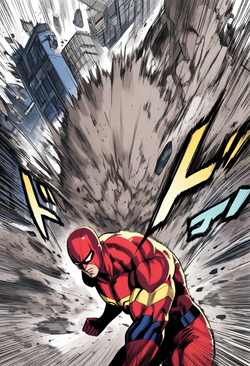 A muscular superhero in a red and blue suit crashing through a building wall, debris flying, dramatic speed lines, bold comic book shading