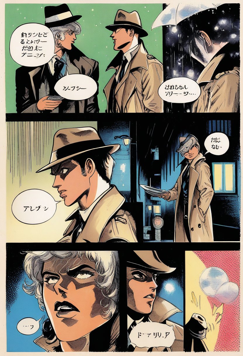 A noir detective in a trench coat and fedora, smoking under a streetlight, rain pouring down, dark alley with neon signs reflecting in puddles, heavy shadows