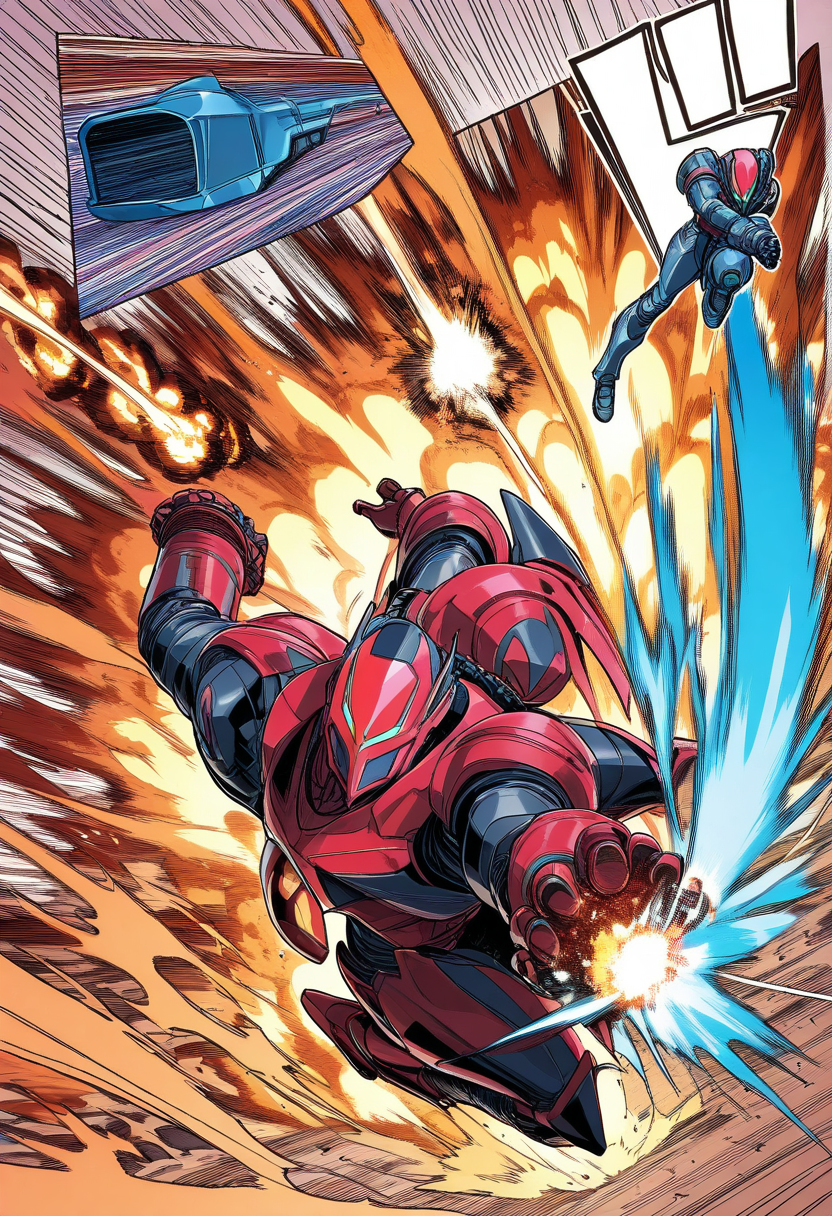 A sci-fi space marine in heavy power armor, firing a plasma rifle at alien creatures, asteroid field visible through a shattered space station window