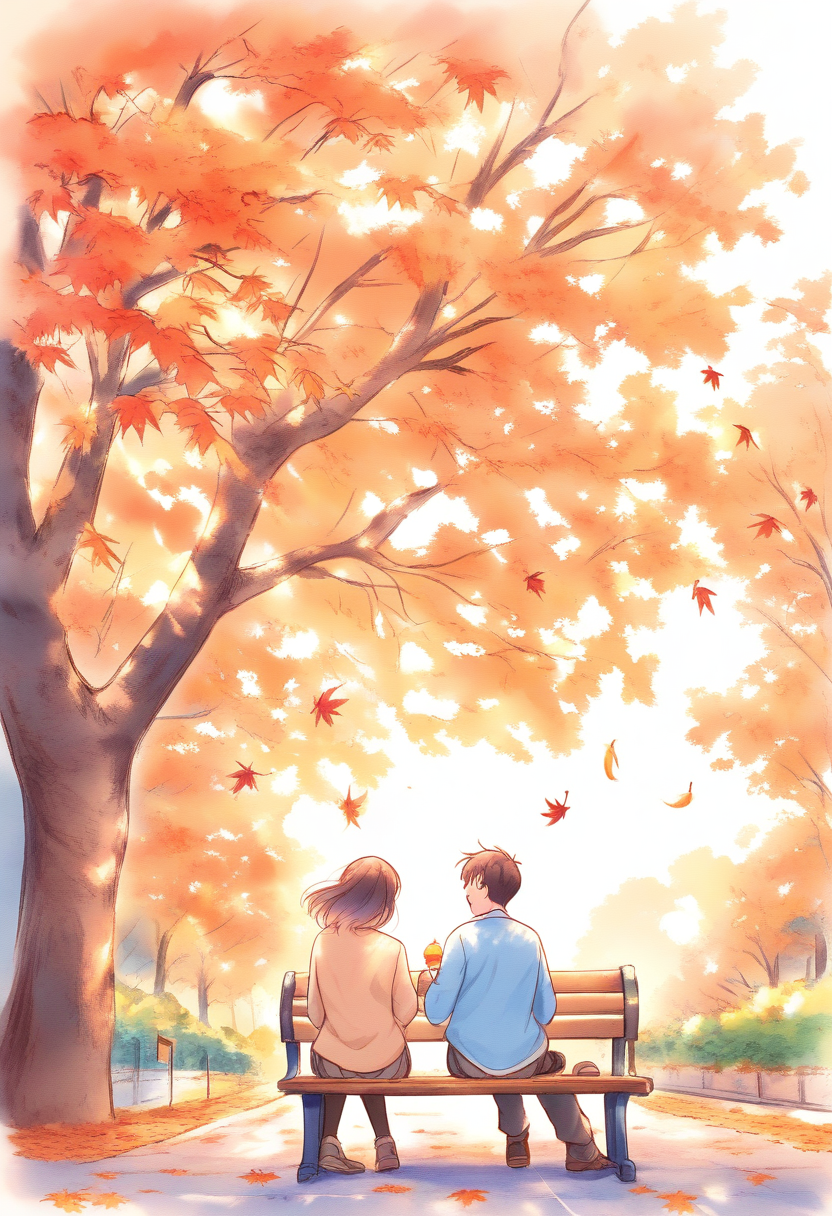 A warm slice-of-life comic panel of two friends sharing ice cream on a park bench, autumn leaves falling, gentle watercolor-style coloring, soft afternoon light