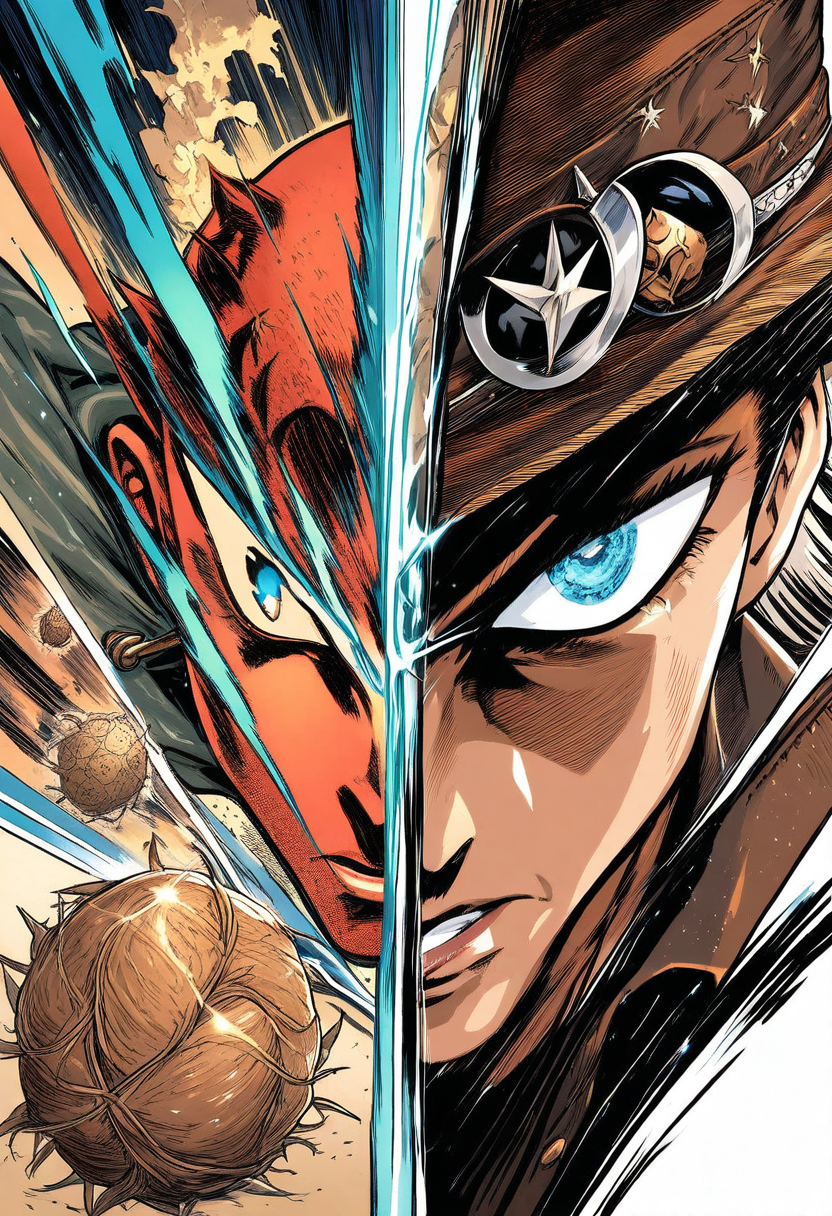 A western comic-style cowboy standoff at high noon, two gunslingers facing off on a dusty main street, tumbleweed rolling past, intense close-up expressions