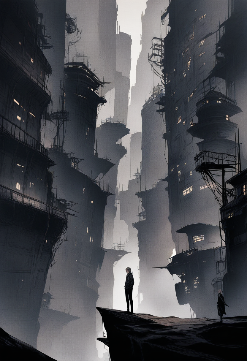 A graphic novel style panel of a lone figure standing on a cliff overlooking a vast post-apocalyptic cityscape, muted earth tones, cinematic widescreen composition