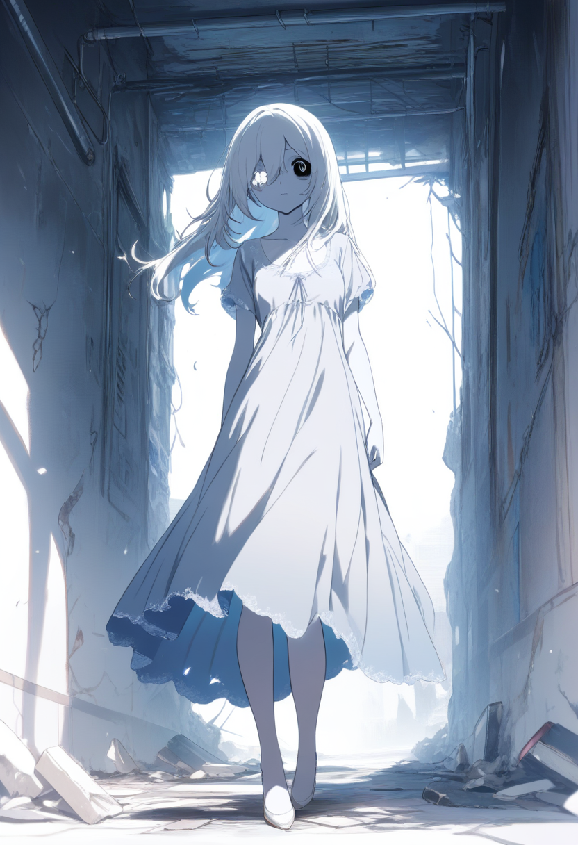 A ghost girl with cracked porcelain-white skin, hollow black eyes with white pinprick pupils, faded blue nightgown in an abandoned hospital