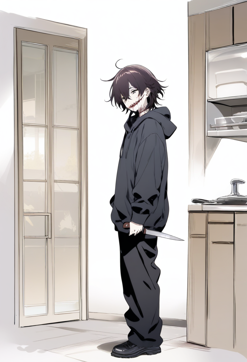 A pale boy with messy dark hair, stitched Glasgow smile, dark hoodie with blood stains, kitchen knife in hand at a suburban house at midnight